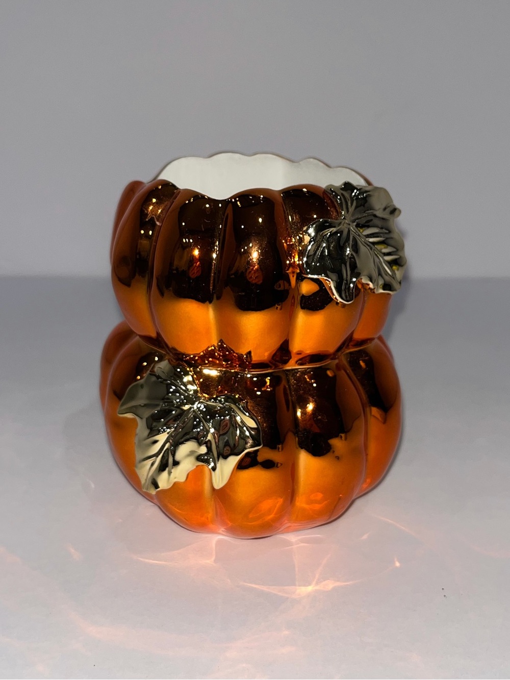 Bath & Body Works Metallic Orange Pumpkin Foaming Soap Holder with Gold Leaves